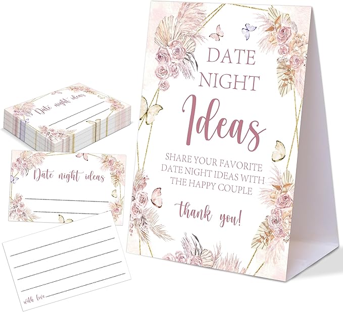 Boho Butterfly Themed Share Your Date Night Ideas Game, 1 Tabletop Sign and 50 Cards, Bridal Shower Games 50 Guests, Wedding Shower Games for Bachelorette Night Wedding Event & Party Supplies