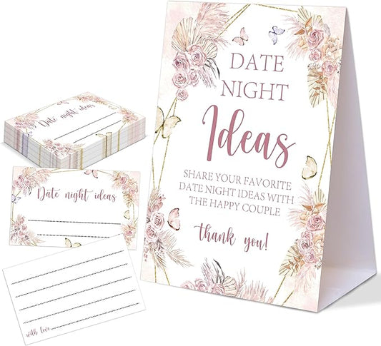 Boho Butterfly Themed Share Your Date Night Ideas Game, 1 Tabletop Sign and 50 Cards, Bridal Shower Games 50 Guests, Wedding Shower Games for Bachelorette Night Wedding Event & Party Supplies