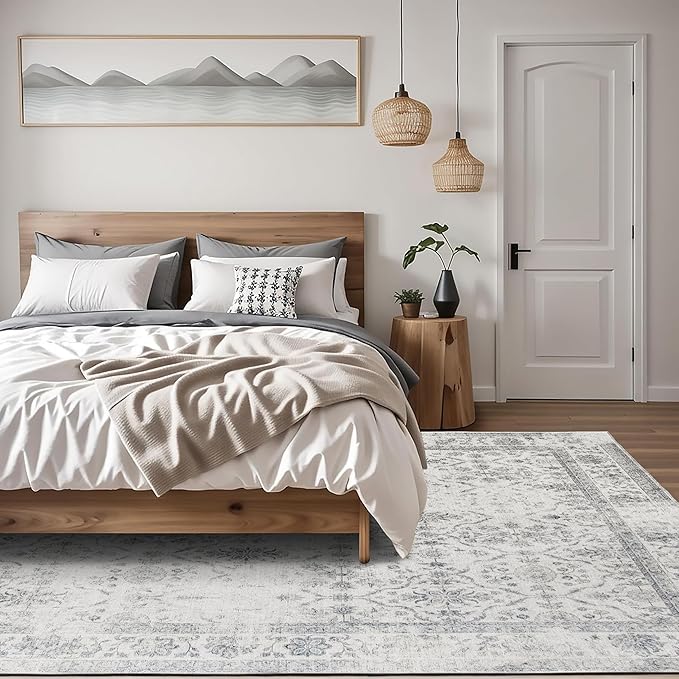 ReaLife Rugs Machine Washable Area Rug - Living Room Bedroom Bathroom Kitchen Entryway Office - Padded Low Pile Stain Resistant Premium - Boho Farmhouse Vintage - Noor - Ivory Grey 7'6" x 9'6"