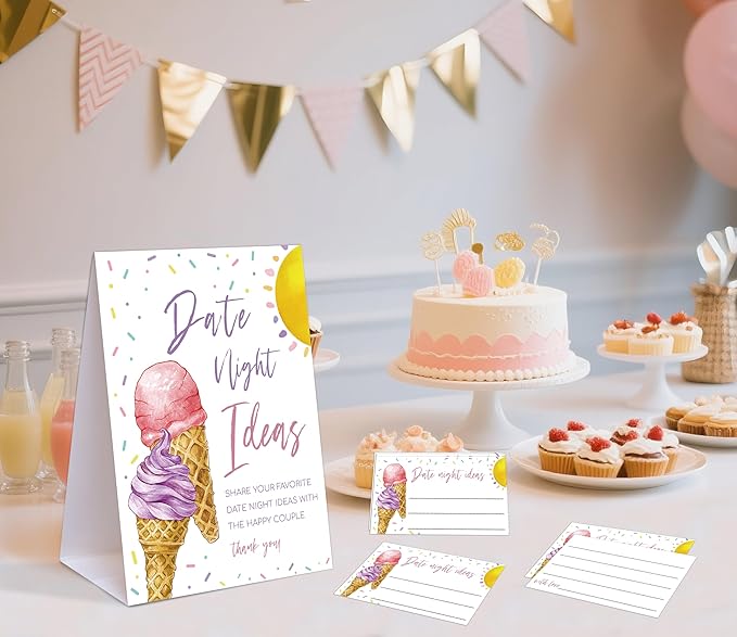 Pink & Purple Ice Cream Themed Share Your Date Night Ideas Game, 1 Tabletop Sign and 50 Cards, Bridal Shower Games 50 Guests, Wedding Shower Games for Engagement Wedding Event & Party Supplies