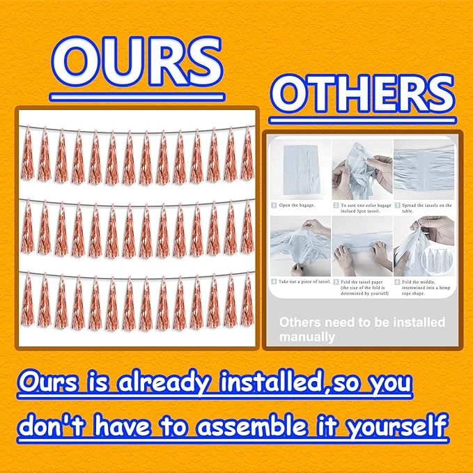 3P Metallic Fringe Tassel Banner Garland Foil Tinsel Streamer Wall Hanging Curtain Backdrop Banner for Parade Floats,Graduation Decorations, Wedding Party Decoration(Rose Gold)