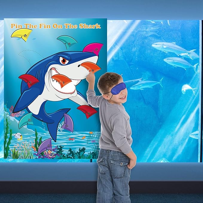 FEPITO Pin The Fin on The Shark Game with 24 Pcs Fins for Shark Birthday Party Decoration, Party Supplies