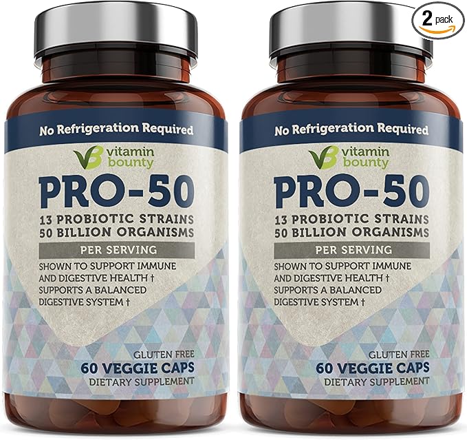 Vitamin Bounty Pro-50 Probiotic 50 Billion CFU - 13 Strain Supplement for Men & Women + Prebiotics - Digestive Health & Gut Support - Lactobacillus & Bifidobacterium - Delayed Release Capsules, 2 Pack