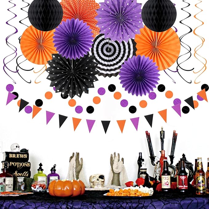 Orange Black Purple Halloween Party-Decorations - 33Pcs Banner,Streamers Tassel Garland,Tissue Pom Poms Honeycomb,Paper Lantern Fan,Birthday Wedding Baby Bridal Shower Decor Hugtmr