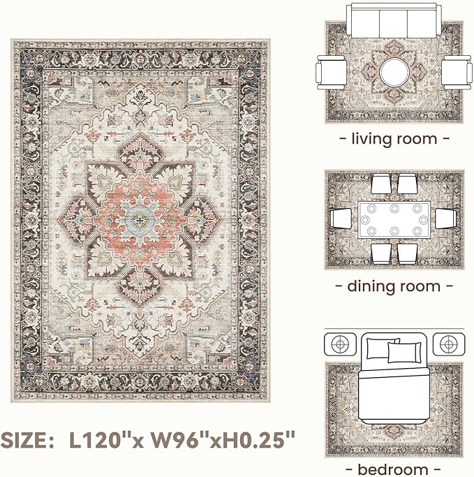 Area Rug for Living Room - 8x10 Soft Machine Washable Oriental Vintage Floral Distressed Large Indoor Floor Carpet for Bedroom Under Dining Table Home Office Decor - Multi Cream