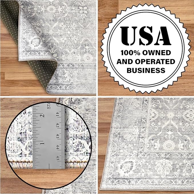 ReaLife Rugs Machine Washable Area Rug - Living Room Bedroom Bathroom Kitchen Entryway Office - Padded Low Pile Stain Resistant Premium - Boho Farmhouse Vintage - Noor - Silver Ivory 5' x 7'