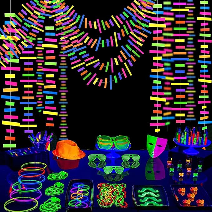 60feet UV Neon Paper Garland Stripe Neon Streamers Black Light Neon DecorationsGlow Party UV Reactive Neon Party Favors Glow in The Dark Party Supplies and Decorations for Wedding Birthday Banners