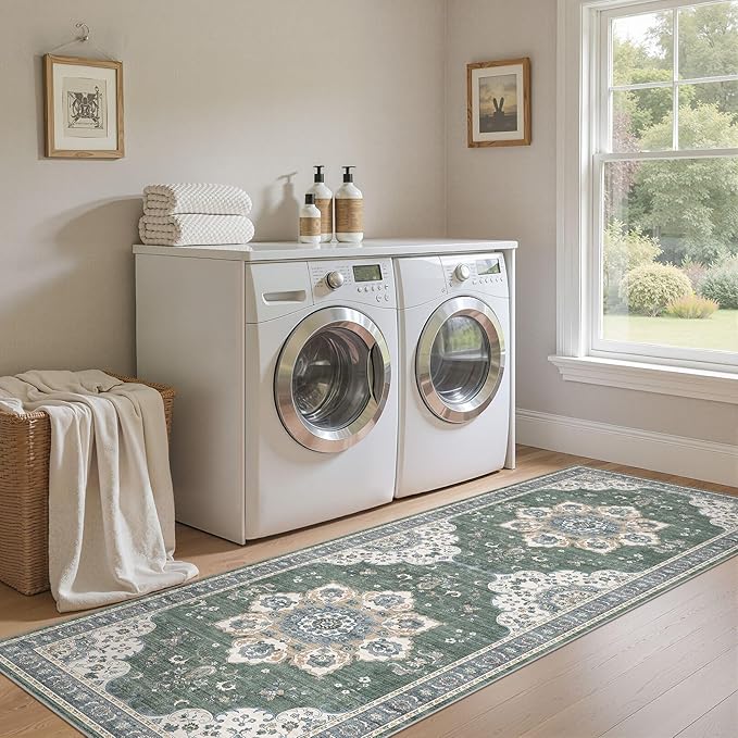 Area Rug for Entryway - 3x8 Soft Washable Oriental Vintage Floral Distressed Large Carpet - Fade Stain Resistant Non Slip Rugs for Bedroom Dining Room Nursery Dorm Office Home Decor - Green