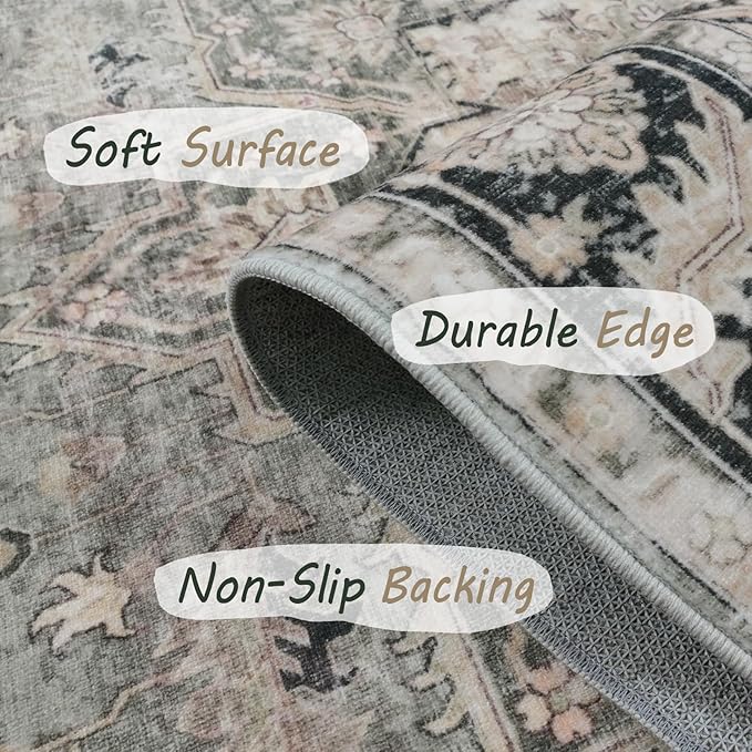 7X9 Area Rugs - 7X9 Washable Area Rug Indoor Vintage Rug Print Rug Low-Pile Floor Carpet for Living Room, Bedroom (Olive Charcoal)