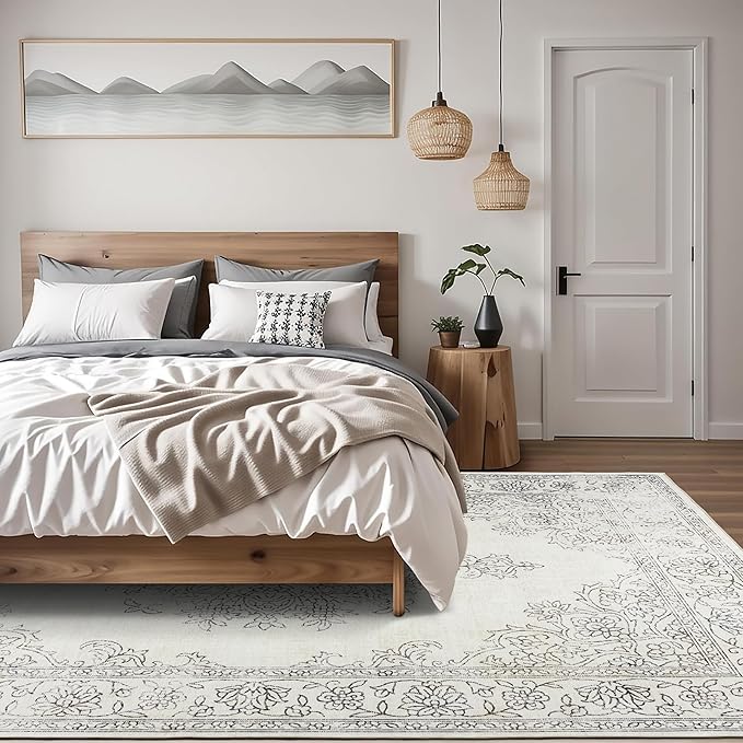 ReaLife Rugs Machine Washable Area Rug - Living Room Bedroom Bathroom Kitchen Entryway Office - Padded Low Pile Stain Resistant Premium - Boho Farmhouse Vintage - Paige - Ivory 7'6" x 9'6"