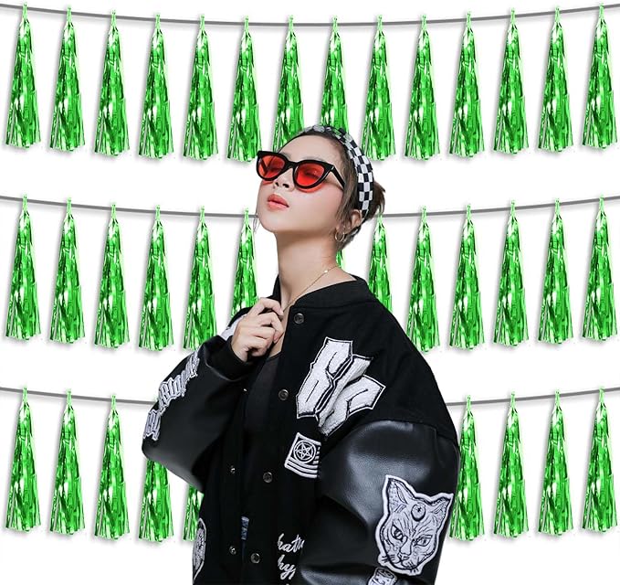 3P Metallic Fringe Tassel Banner Garland Foil Tinsel Streamer Wall Hanging Curtain Backdrop Banner for Parade Floats, Graduation Decorations, Father's Day Party Decoration(Green)