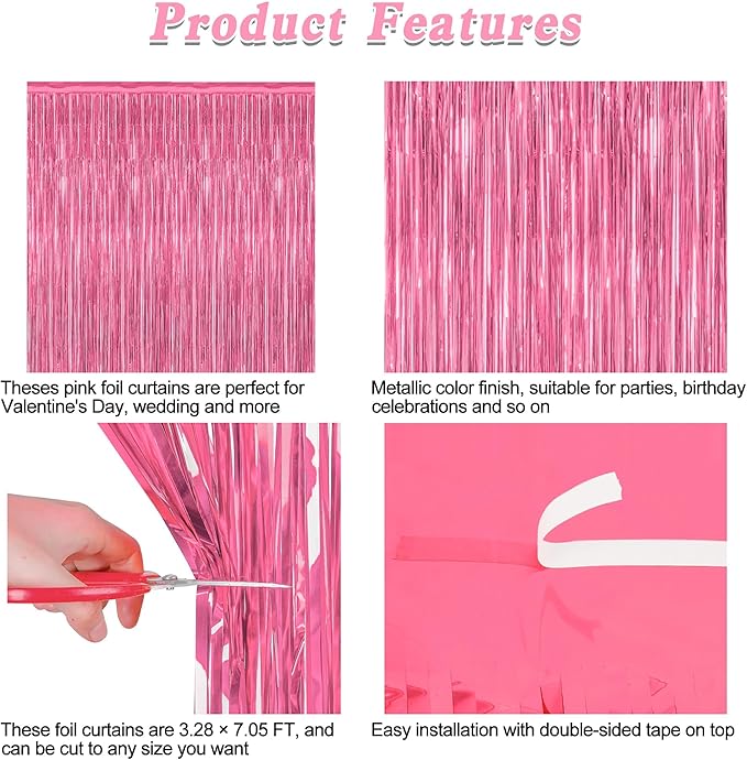 12 Pack Pink Backdrop, 3.28 FT x 7.05 FT Foil Fringe Curtains, Metallic Pink Tinsel Curtain Party Streamer Birthday Backdrop for Girl, Valentines Day Decorations Bachelorette Party Supplies