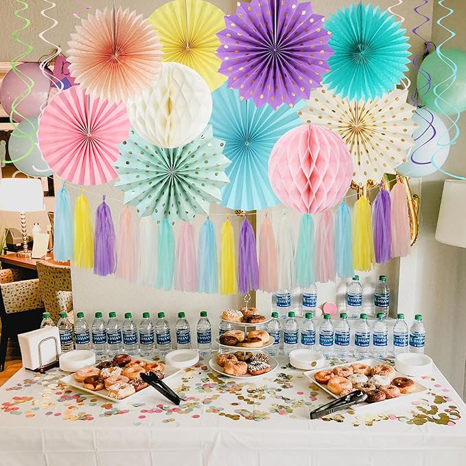 Pastel Rainbow Pink Purple Yellow Peach Party-Decorations - 33pcs Kits Banner,Streamers Tassel Garland,Tissue Pom Poms Honeycomb,Paper Lantern Fans,Birthday Wedding Bridal Baby Shower Decor Hugtmr