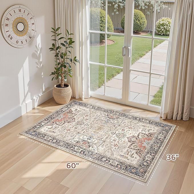 3x5 Washable Entryway Rug: Non-Slip Soft Vintage Floral Indoor Area Rug for Living Room Large Kitchen Entryway Bedroom Bedside, Door Mat Throw Carpet for Laundry Foyer Home Decor (Multi)