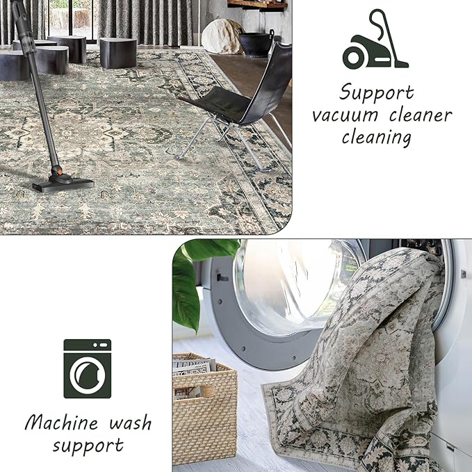 7X9 Area Rugs - 7X9 Washable Area Rug Indoor Vintage Rug Print Rug Low-Pile Floor Carpet for Living Room, Bedroom (Olive Charcoal)