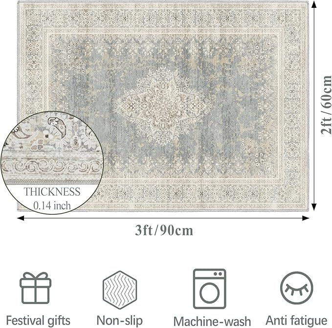 2x3 Entryway Rug Non-Slip Washable Thin Indoor Vintage Rug Low-Pile Floor Carpet for Entrance Bedroom Kitchen Bathroom Beige Grey