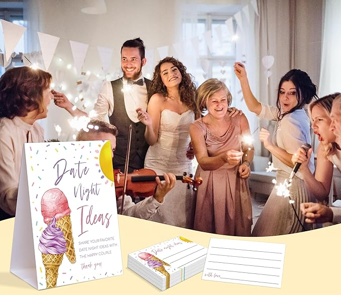 Pink & Purple Ice Cream Themed Share Your Date Night Ideas Game, 1 Tabletop Sign and 50 Cards, Bridal Shower Games 50 Guests, Wedding Shower Games for Engagement Wedding Event & Party Supplies