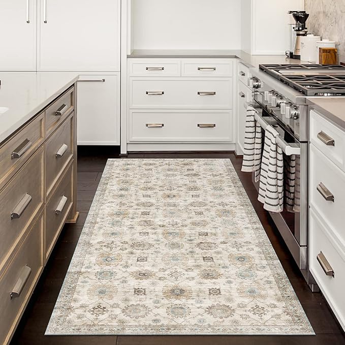 ReaLife Rugs Machine Washable Area Rug Runner - Living Room Bedroom Bathroom Kitchen Entryway Office - Padded Low Pile Stain Resistant Premium - Boho Farmhouse Vintage - Bryn - Beige Seafoam 2'6"x6'