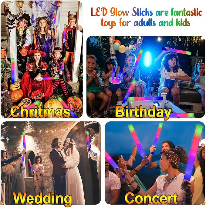 LifBetter 70 Pcs Foam Glow Sticks Bulk,Led Glow Sticks with 3 Modes Colorful Flashing,Long Life Battery Glow In The Dark Party Supplies for Weddings,Parties,Festivals,Sporting Events