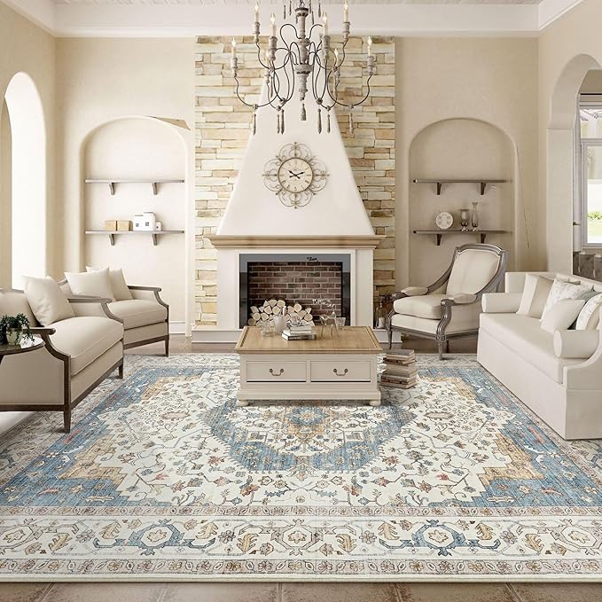 Area Rug for Living Room - 10x14 Soft Washable Oriental Vintage Floral Distressed Large Carpet - Fade Stain Resistant Non Slip Rugs for Bedroom Dining Room Nursery Dorm Office Home Decor - Blue/Beige