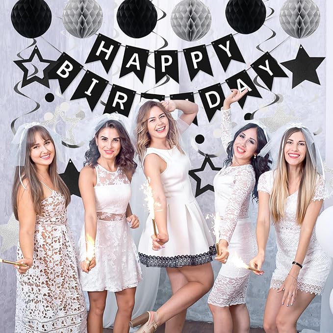 meowtastic Birthday Decorations, Happy Birthday Banner with Honeycomb Balls, Star Hanging Swirl Streamer, Circle Dot Garland, Happy Birthday Party Decoration for Women Men Boys Girls (Black & Silver)