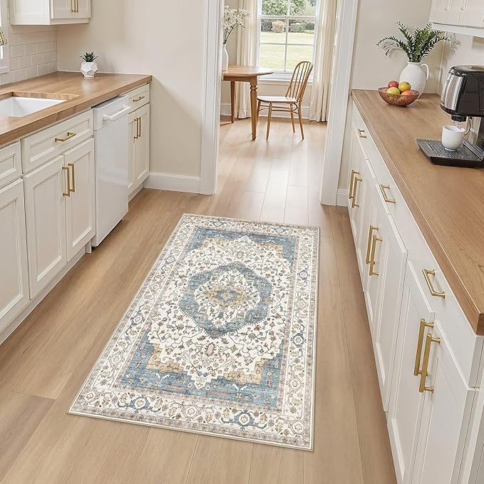 3x5 Washable Entryway Rug: Non-Slip Soft Vintage Floral Indoor Area Rug for Living Room Large Kitchen Entryway Bedroom Bedside, Door Mat Throw Carpet for Laundry Foyer Home Decor (Blue)