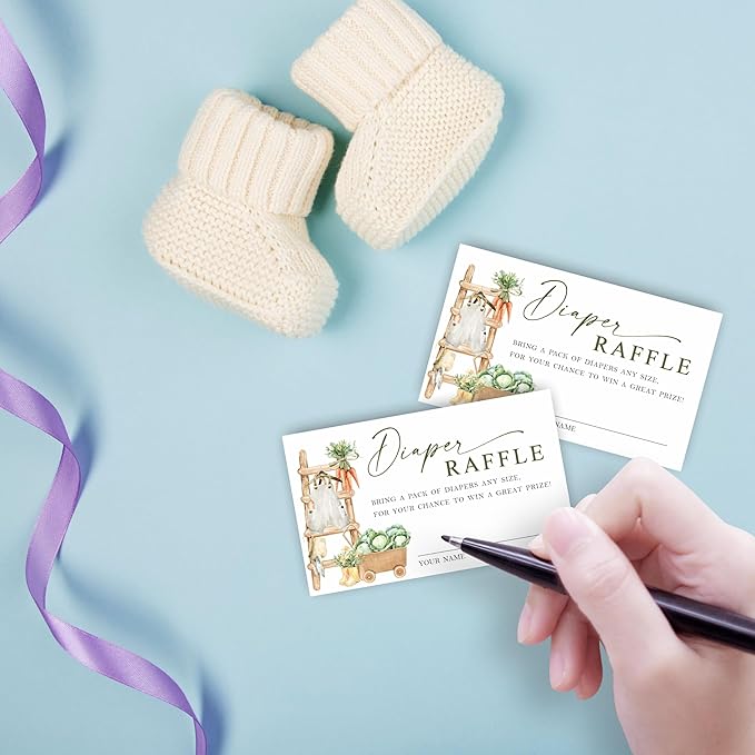 Farmhouse Arch Diaper Raffle Sign with Stand - 7x10 Inch Gender Neutral Baby Shower Game Kit with 50 Tickets, Baby Clothes Carrot Cabbage Print, Rustic Gender Reveal Decor (B05)