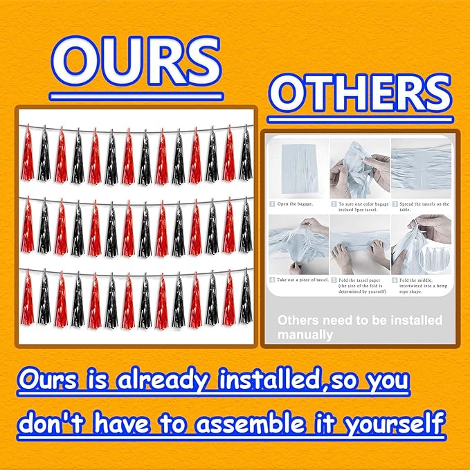 3P Metallic Fringe Tassel Banner Garland Foil Tinsel Streamer Wall Hanging Curtain Backdrop Banner for Parade Floats, Halloween Decorations, Christmas Day Party Decoration(Black red)