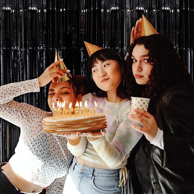 Black Party Streamers Foil Fringe Backdrop Curtains Tinsel Streamers Birthday Halloween Party Decorations Fringe Backdrop for Birthday Party Graduation Bridal Shower Wizard Party Supplies