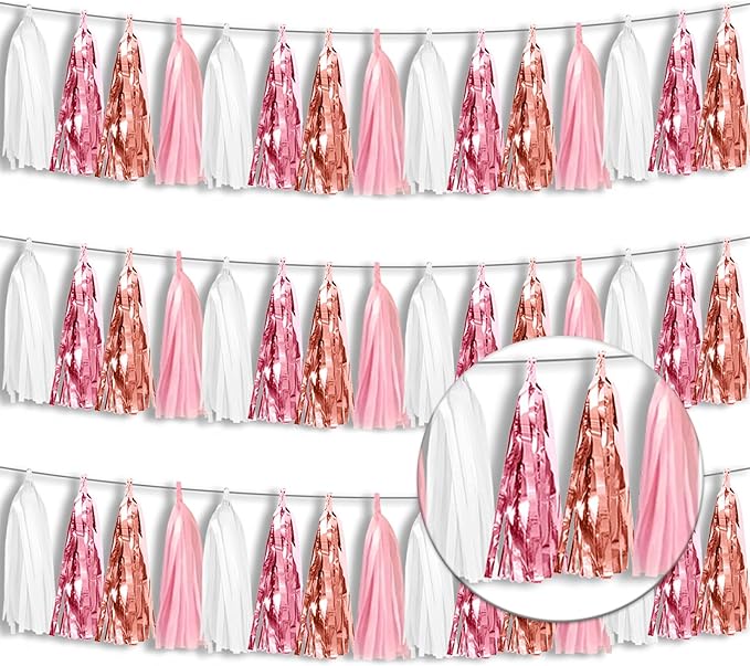 3P Metallic Fringe Tassel Banner Garland Foil Tinsel Streamer Wall Hanging Curtain Backdrop for Parade Floats, Graduation, Wedding, Birthday, Retirement Party Decorations(Rose-Gold Pink White)