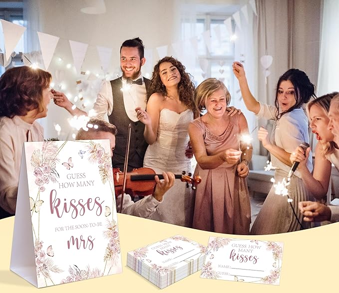 Boho Floral How Many Kisses for the Soon to Be Mrs, 1 Tabletop Sign and 50 Cards, How Many Kisses Bridal Shower Game for Bachelorette Night Wedding Event & Party Supplies