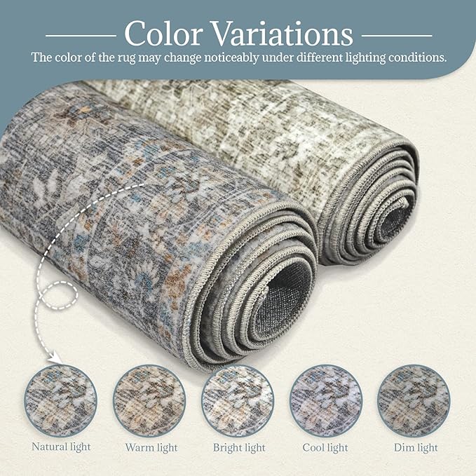 6x9 Washable Rug Vintage Fade Resistant Boho Distressed Non-Slip Indoor Large Carpet Low Pile Lightweight & High-Traffic Safe for Bedroom, Dorm, Playroom - Farmhouse Decor