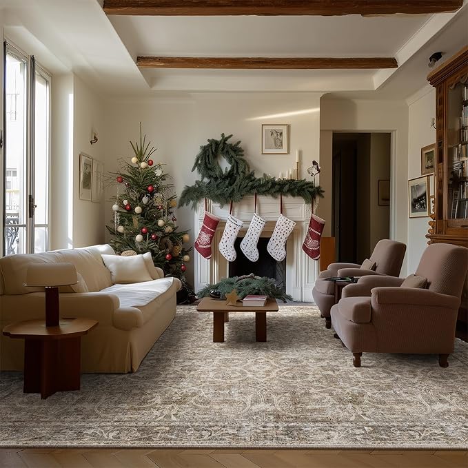 8x10 Washable Area Rugs Ultral Soft Non-Slip Stain Resistant Vintage Boho Large Carpet for High-Traffic Living Room & Dining Room