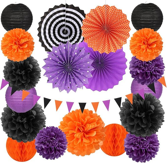 Black Orange Purple Halloween Party-Decorations - 20pcs Paper Lanterns Fans,Tissue Pom Poms,Honeycomb Balls, Birthday Baby Bridal Shower Graduation Wedding Hotel Transylvania Decor Burgleda