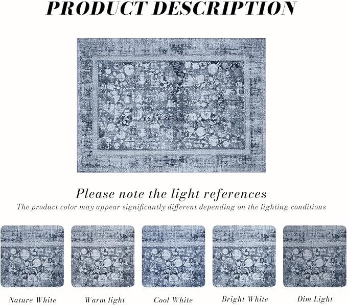 Area Rug 3×5, Vintage Boho Rug,Ultra-Soft Low Pile, Washable, Non Slip,Stain Resistant Printed Carpet for Living Room Bedrooms Playroom Office Kitchen, Solid/Blue