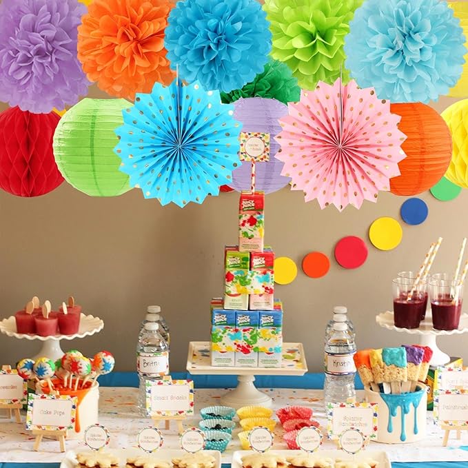 Rainbow Red-Orange Green-Blue Purple Party-Decorations - 14pcs Colorful Theme Paper Lanterns Fan,Tissue Pom Poms Streamers,Honeycomb Balls,Boy Girl Kids Birthday Baby Shower Wedding Supplies Ouruola