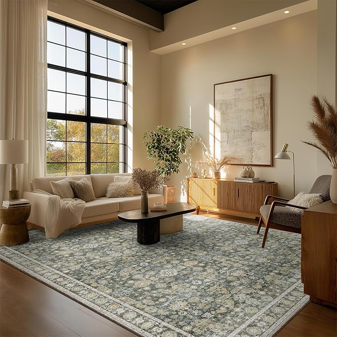 8x10 Washable Area Rugs Ultral Soft Non-Slip Stain Resistant Vintage Boho Large Carpet for High-Traffic Living Room & Dining Room