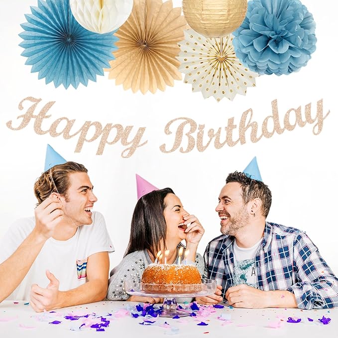 Light-Dusty Blue Beige-Champagne Women Birthday-Decorations - 21pcs Boho Neutral Happy Banner Garland,Paper Streamers Lanterns,Flower Tissue Pom Poms Fan Supplies,Wall Backdrop Party Decor Huglony