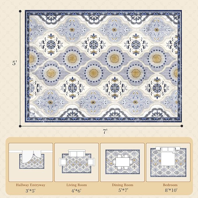 EnHomee Area Rugs 5x7, Soft Washable Rugs for Living Room Bedroom, Boho Non Slip Low Pile Stain Resistant Washable Rug Large Carpet for Dining Room,Easy to Clean Living Room Rug, Blue