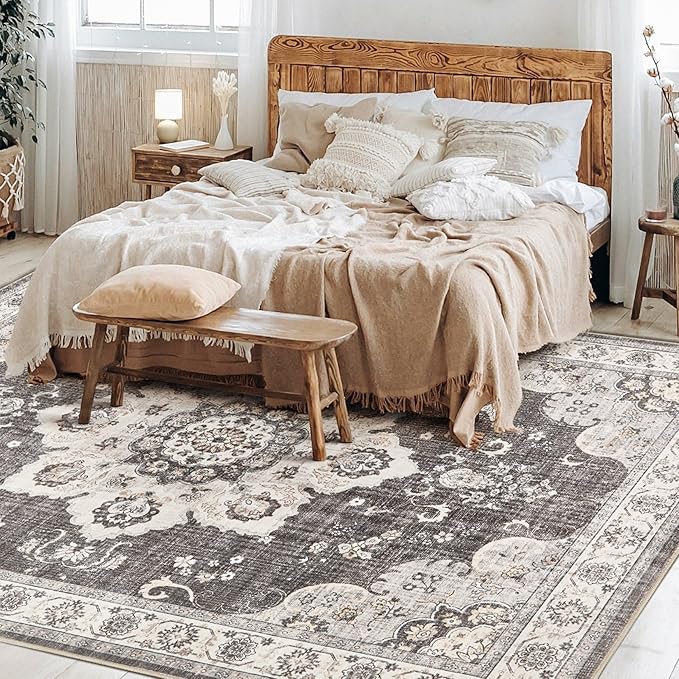 Area Rug for Living Room - 5x7 Soft Washable Oriental Vintage Floral Distressed Large Carpet - Fade Stain Resistant Non Slip Rugs for Bedroom Dining Room Nursery Dorm Office Home Decor - Brown/Grey