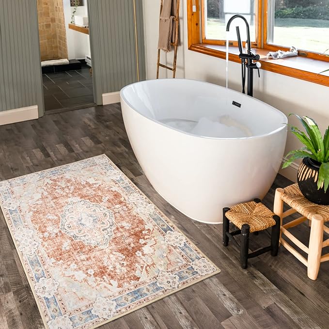 MUJOO 2'x3' Rugs Machine Washable Area Rugs for Entryway Boho Rug for Bathroom Kitchen Non Slip Carpet Abstract Soft Low-Pile Orange Navy Blue Area Rug Floral