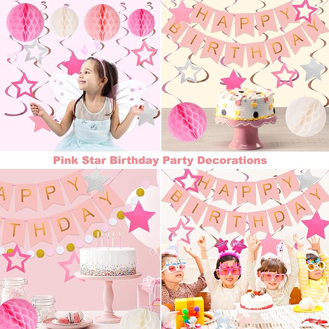meowtastic Birthday Decorations, Happy Birthday Banner with Honeycomb Balls, Stars Hanging Swirls Streamers, Circle Dots Garland, Happy Birthday Party Decorations for Women Men Boys Girls (Pink)