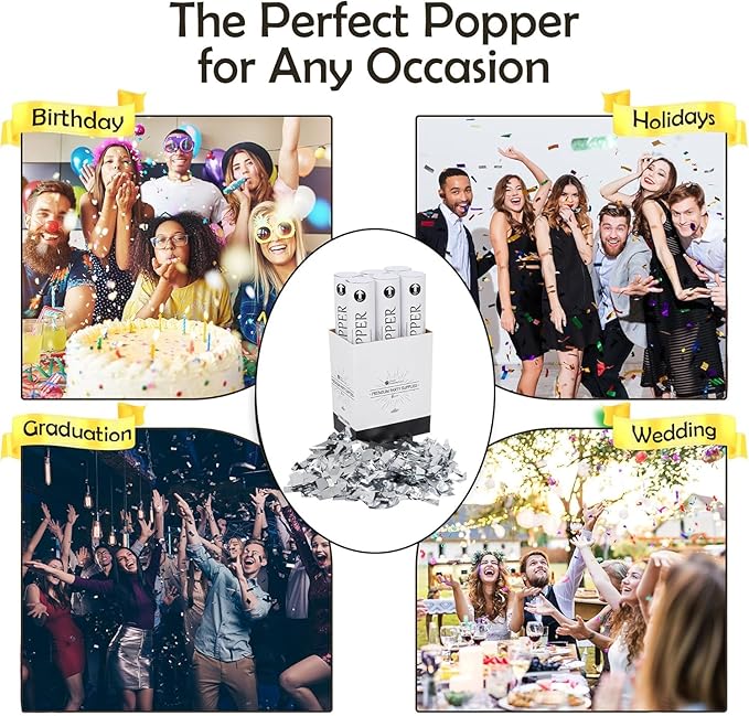 Confetti Cannons 12" – 6 Pack Gold Mylar Confetti Poppers | Party Poppers for Weddings, Birthdays, Graduations & Events | Air-Powered, Safe & Easy to Use | Shoots 25 Feet Indoor & Outdoor