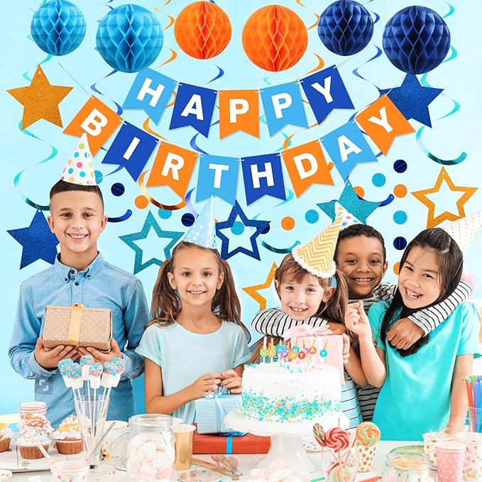 meowtastic Birthday Decorations, Happy Birthday Banner with Honeycomb Balls, Star Hanging Swirl Streamers, Circle Dots Garland, Happy Birthday Party Decorations for Women Girls (Blue & Orange)