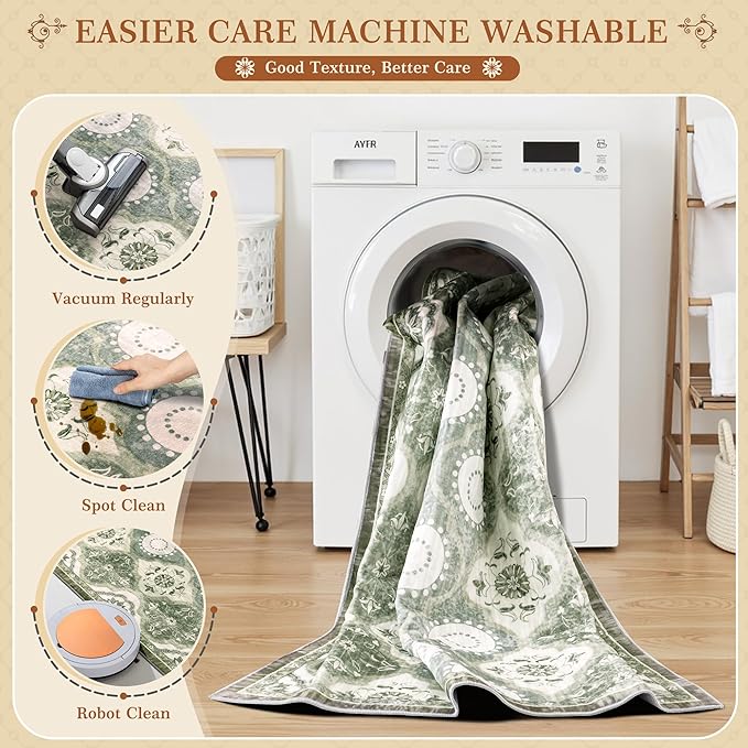 EnHomee Area Rugs 3x5, Soft Washable Rugs for Living Room Bedroom, Boho Non Slip Low Pile Stain Resistant Washable Rug Large Carpet for Dining Room,Easy to Clean Living Room Rug, Green