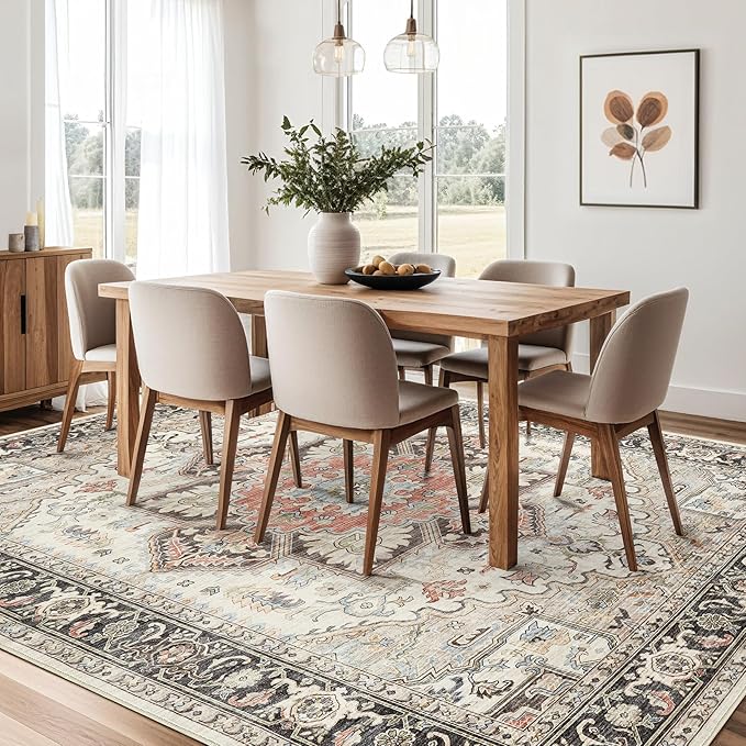 Area Rug for Living Room - 8x10 Soft Machine Washable Oriental Vintage Floral Distressed Large Indoor Floor Carpet for Bedroom Under Dining Table Home Office Decor - Multi Cream