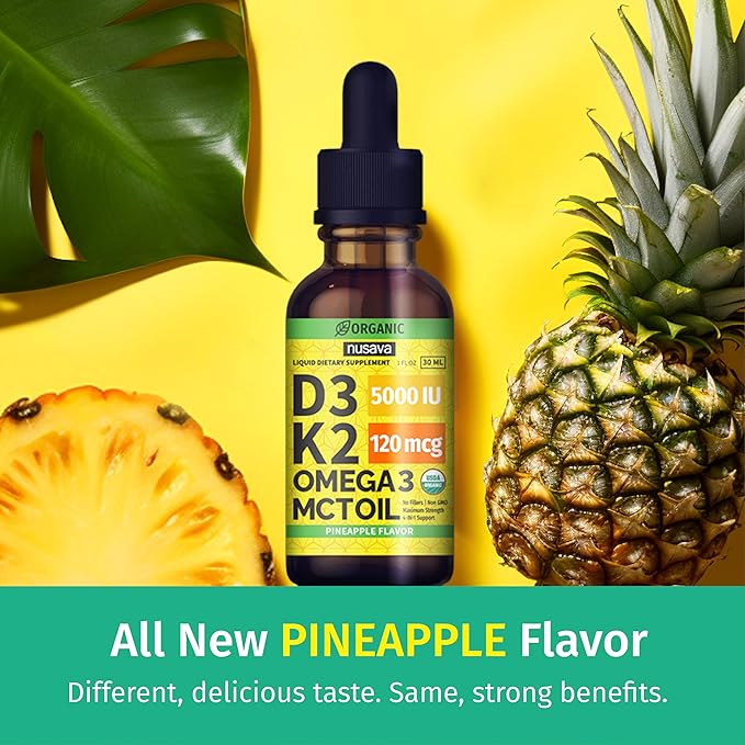 (2 Pack) Organic Vitamin D3 K2 Drops with MCT Oil Omega 3, Maximum Strength Vitamin D Liquid 5000 IU, No Fillers, Non-GMO Liquid D3 for Faster Absorption and Immune Support (Pineapple, 2 Fl Oz)