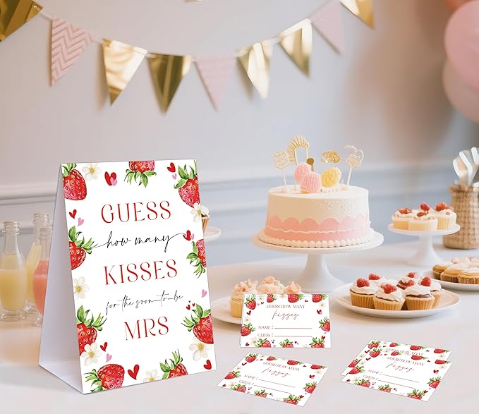 Strawberry Themed How Many Kisses for the Soon to Be Mrs, 1 Tabletop Sign and 50 Cards, How Many Kisses Bridal Shower Game for Bachelorette Night Wedding Event & Party Supplies