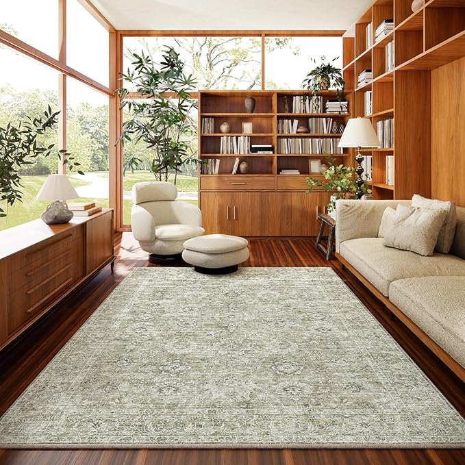 6x9 Washable Rug Vintage Fade Resistant Boho Distressed Non-Slip Indoor Large Carpet Low Pile Lightweight & High-Traffic Safe for Bedroom, Dorm, Playroom - Farmhouse Decor