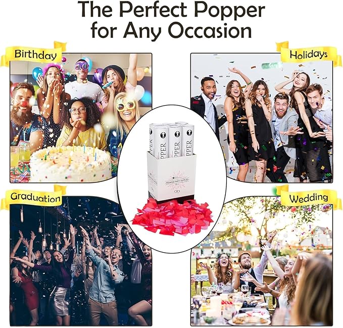 Clover Products 12" Biodegradable Confetti Poppers | 6 Pack | Red & Pink Poppers for Weddings, Birthdays & Events | Air-Powered, Safe & Easy to Use | Shoots 25 Feet for Indoor & Outdoor Celebrations